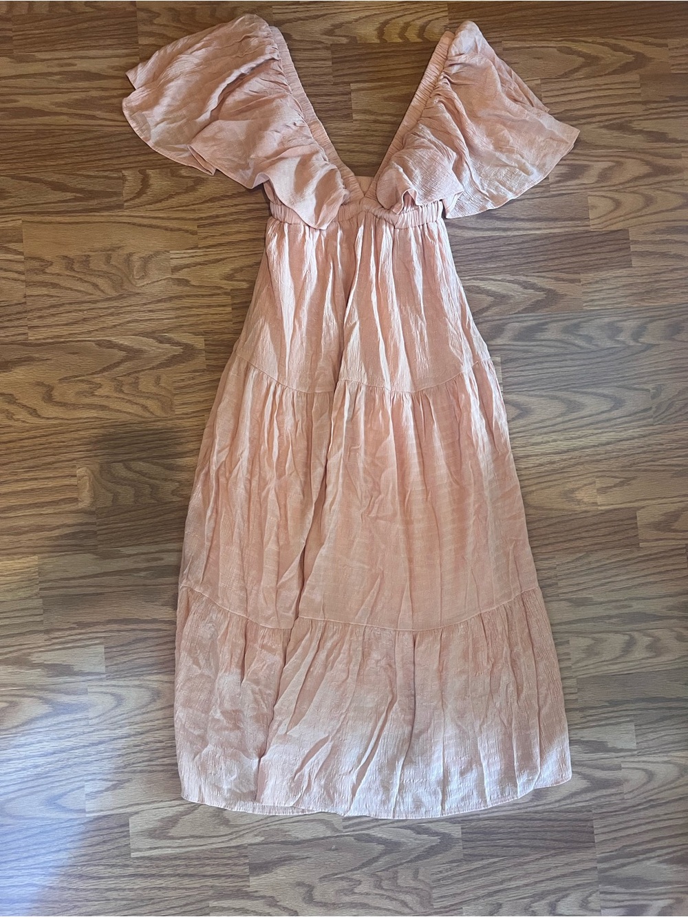 Peach V-Neck Tiered Maxi Dress with Flutter Sleeves